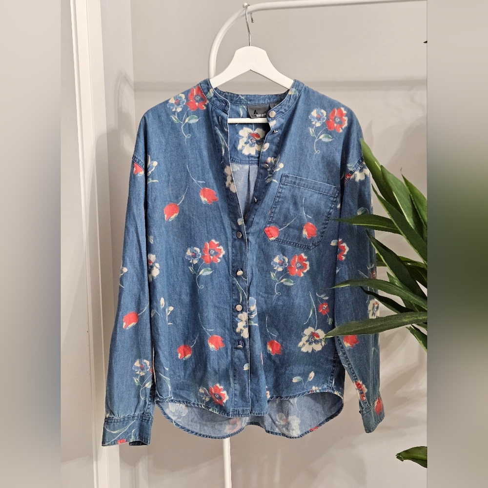 Floral Denim Button-Up Shirt 100% Cotton